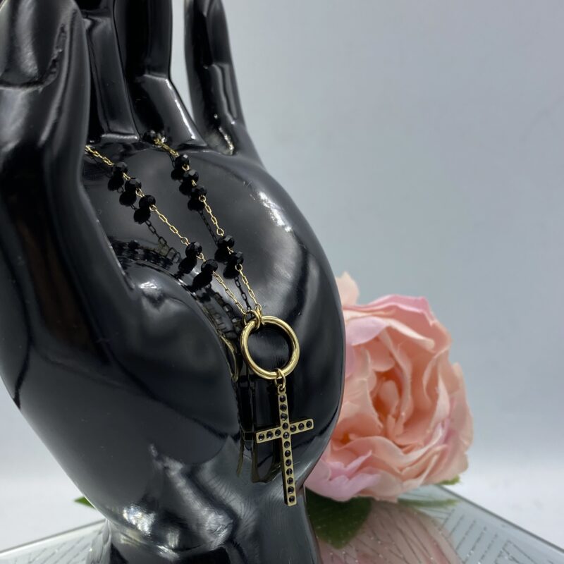 Bransoletka krzyżyk cyrkonie czarne kamyki stal 316L złota