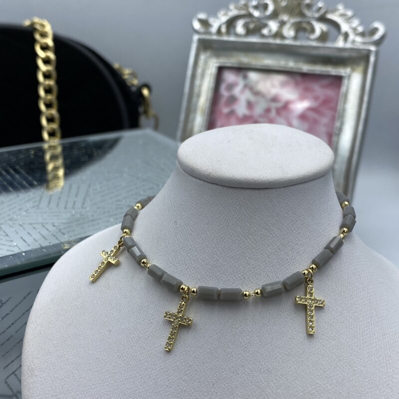 Bransoletka szare kamyki krzyż krzyżyki stal 316L złota