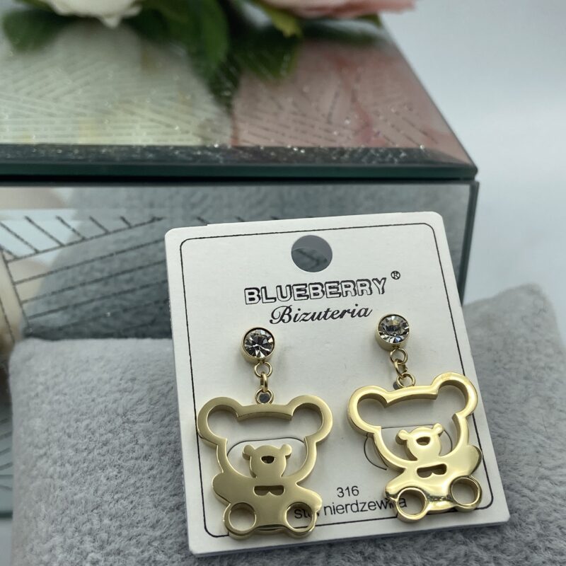 Kolczyki misiek cyrkonia stal 316L złote