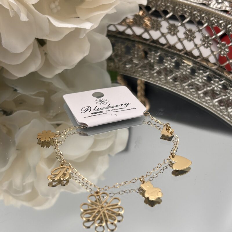 Bransoletka złoty miś kwiatki serce literka stal 316L