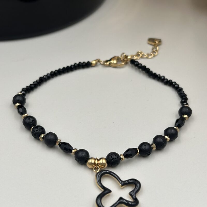 Bransoletka czarne kamienie kwiatek motyl stal 316L