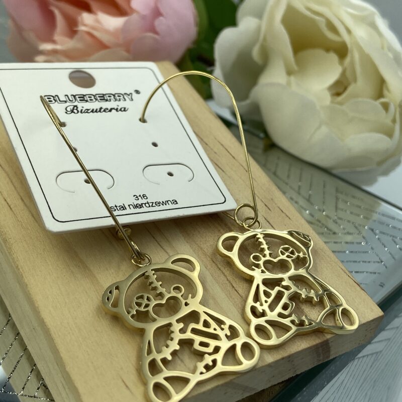 Kolczyki miś misie długie ażurowe 316L złote