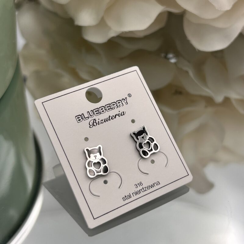 Kolczyki czarny miś misie srebrne stal 316L