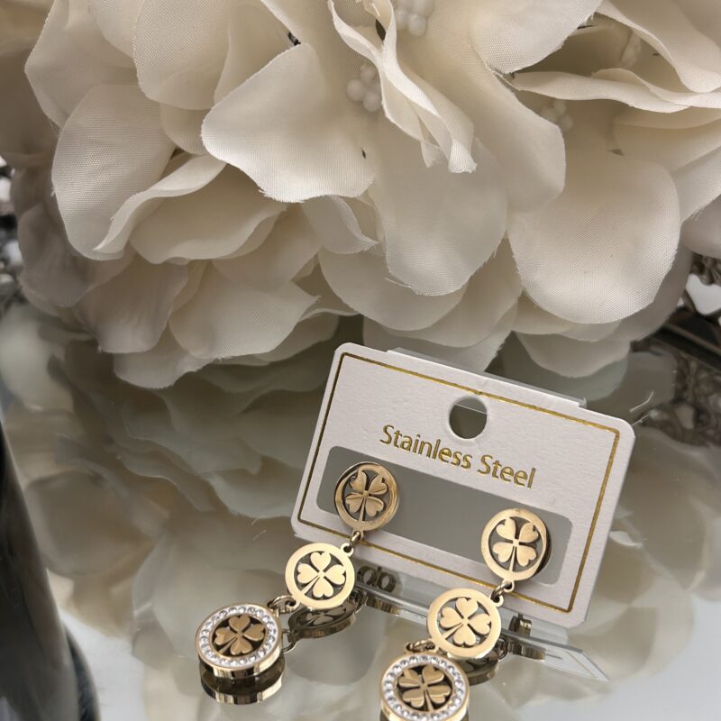 Kolczyki kółka koniczynka listek kwiatek cyrkonie złote stal 316L