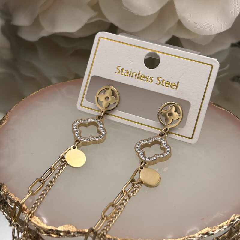 Kolczyki kółka koniczynka kwiatek cyrkonie łańcuszki złote stal 316L