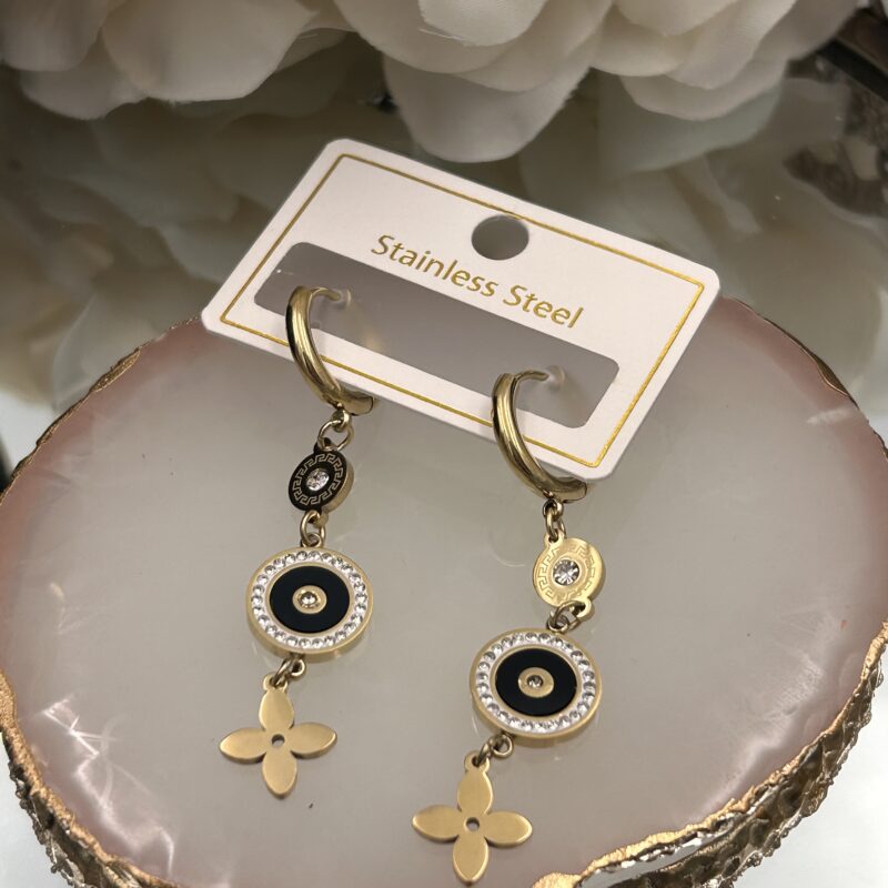 Kolczyki greckie kółka koniczynka kwiatek cyrkonie złote stal 316L