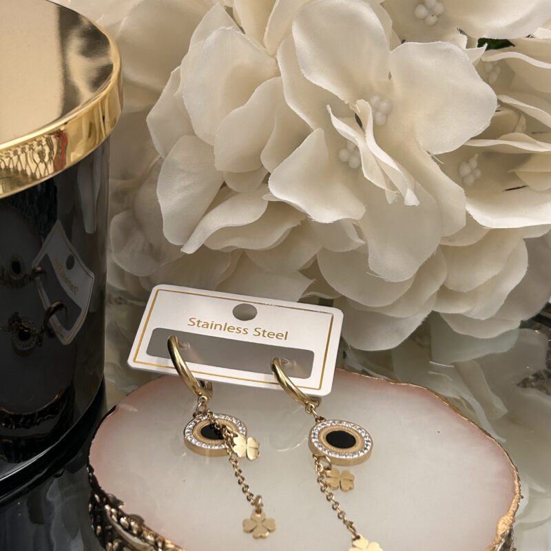 Kolczyki greckie kółka koniczynka cyrkonie łańcuszki złote stal 316L