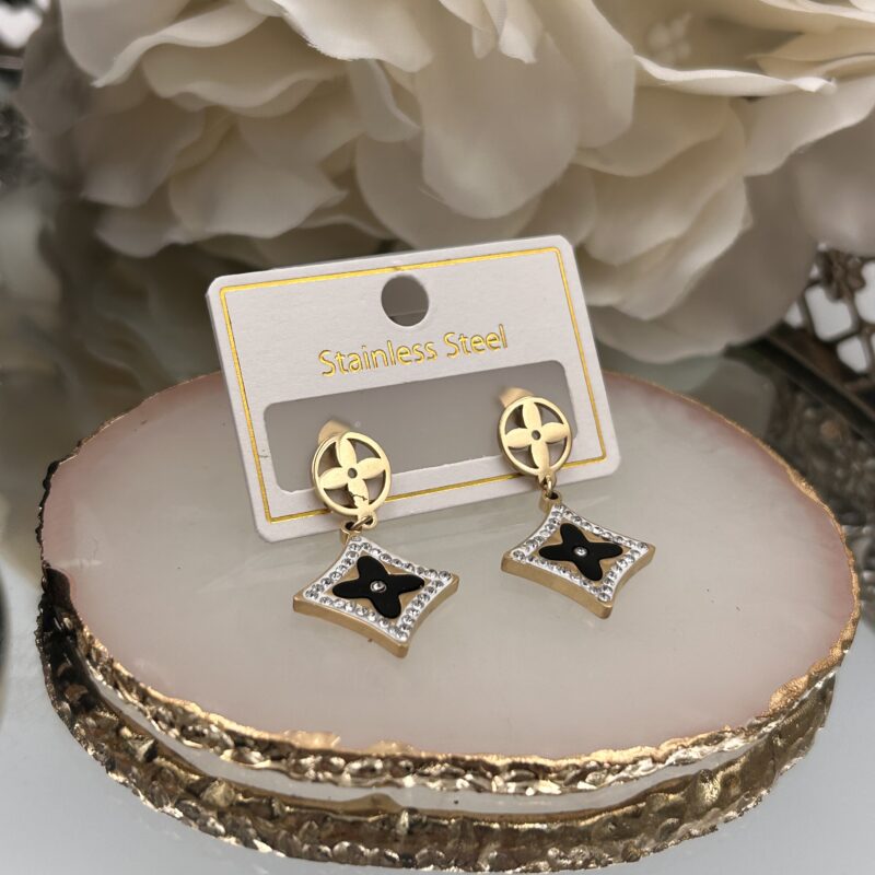 Kolczyki kółka koniczynka karo cyrkonie złote stal 316L