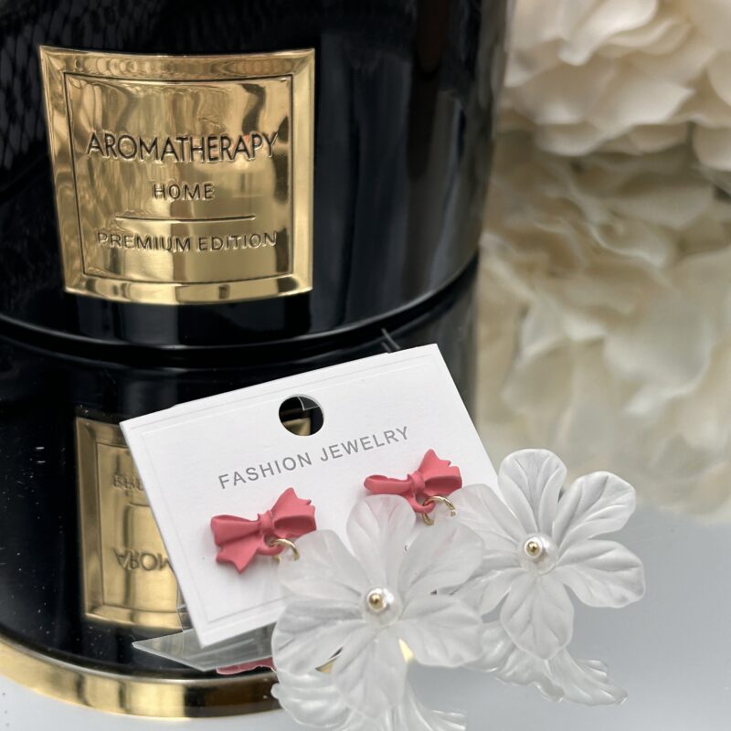 Kolczyki różowa kokardka kwiaty perełki złote stal 316L