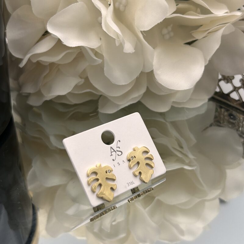 Kolczyki kwiat kwiatek liść listek Monstera cyrkonia złote stal 316L