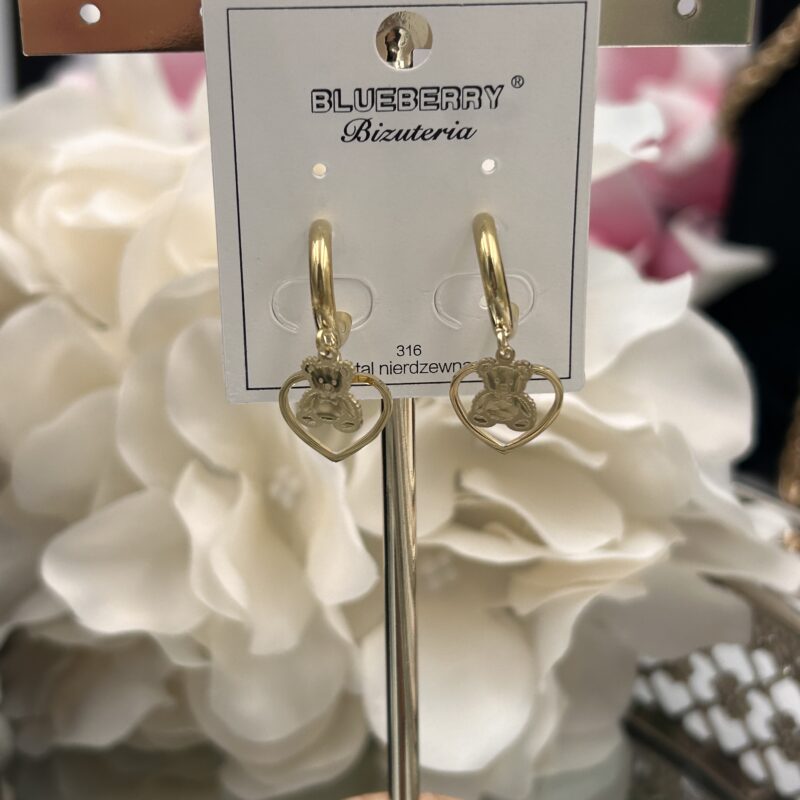 Kolczyki złote kółka miś misie serca stal 316L