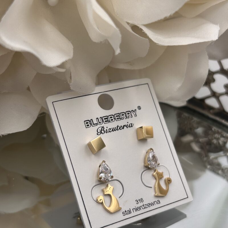 Kolczyki złote kwadraciki cyrkonie kotki komplet/3 pary stal 316L