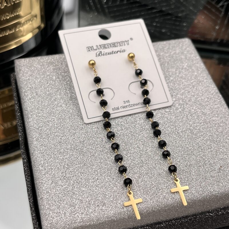 Kolczyki krzyżyk kamienie stal 316L złote