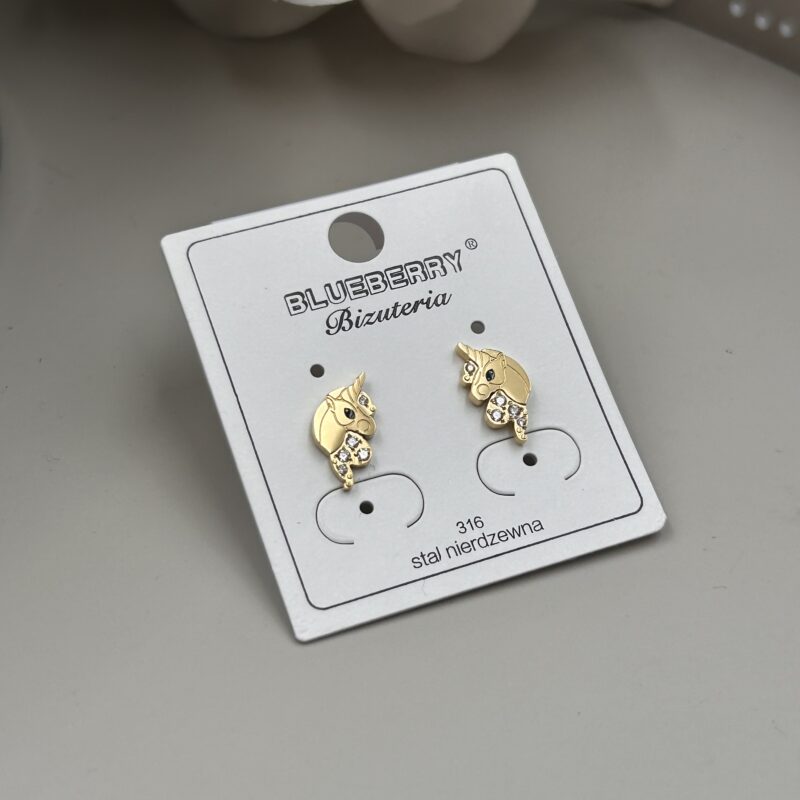 Kolczyki koń kucyk jednorożec cyrkonie złote stal 316L