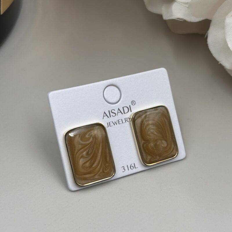 Kolczyki kwadraty brązowy kamień złote stal 316L