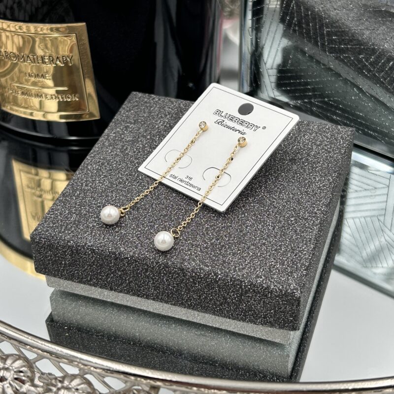 Kolczyki perła łańcuszek stal 316L złote