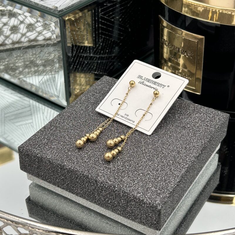 Kolczyki kulki łańcuszek stal 316L złote