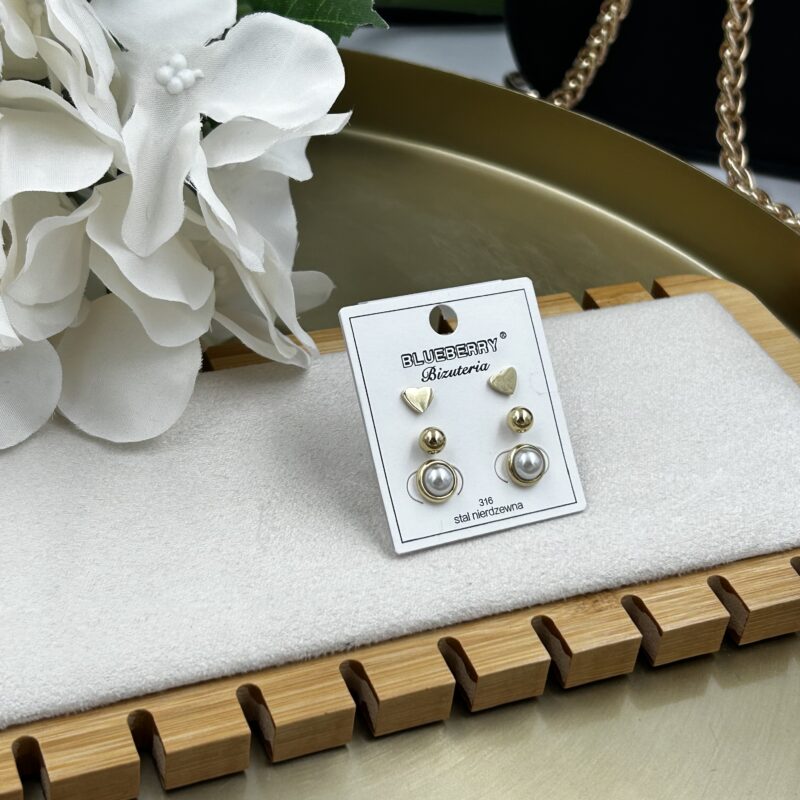 Kolczyki złote serduszka kulki perełki komplet/3 pary stal 316L