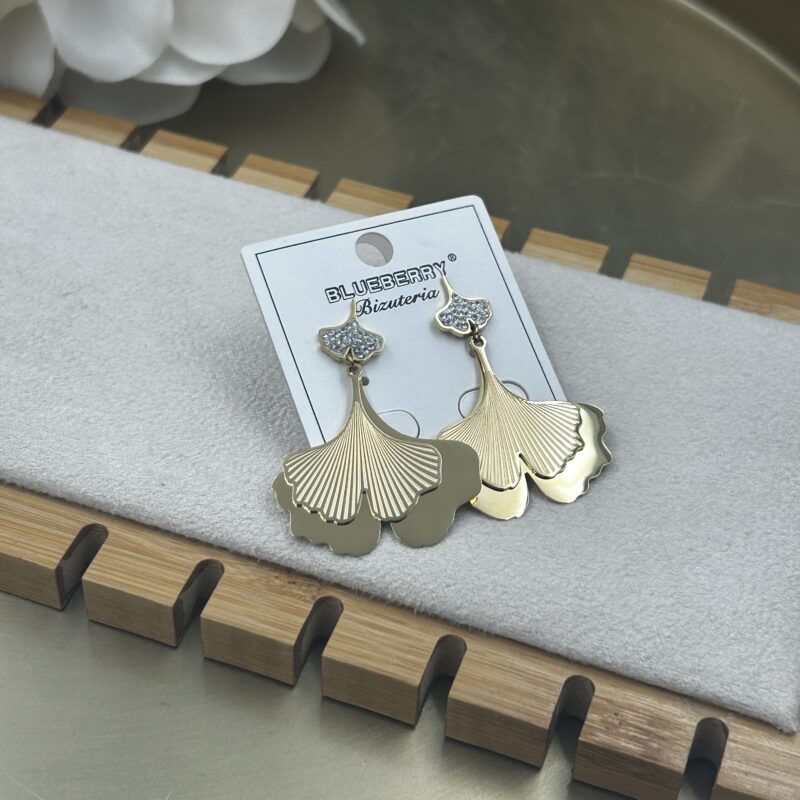 Kolczyki liść listki Miłorzębu cyrkonie stal 316L złote