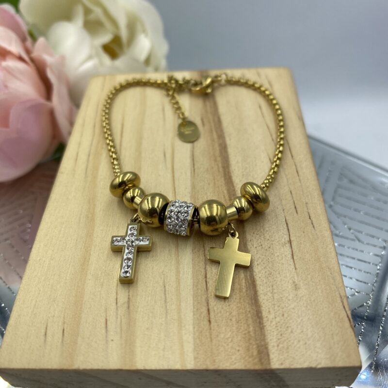 Bransoletka wężyk krzyżyk cyrkonie stal 316 złota