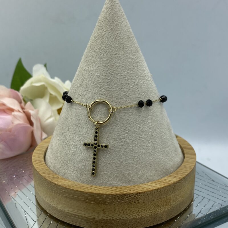 Bransoletka krzyżyk cyrkonie czarne kamyki stal 316L złota