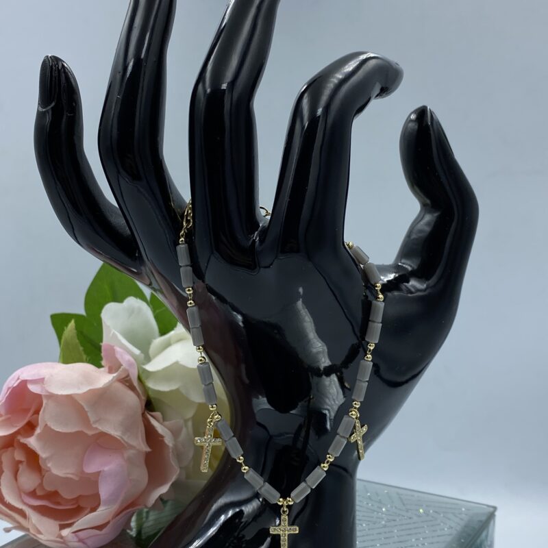 Bransoletka szare kamyki krzyż krzyżyki stal 316L złota