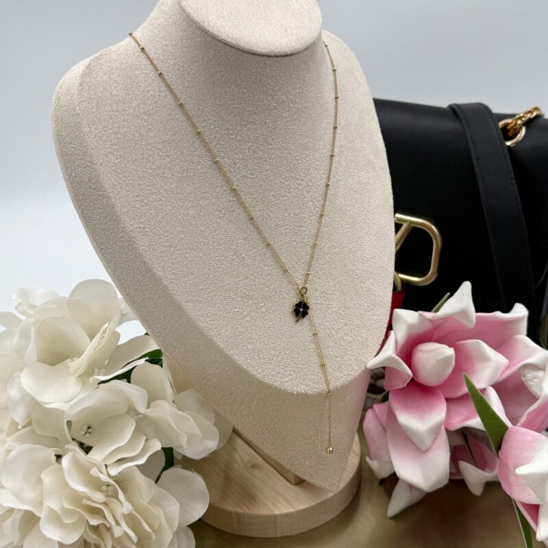 Naszyjnik celebrytka różaniec czarna koniczynka złoty stal 316L