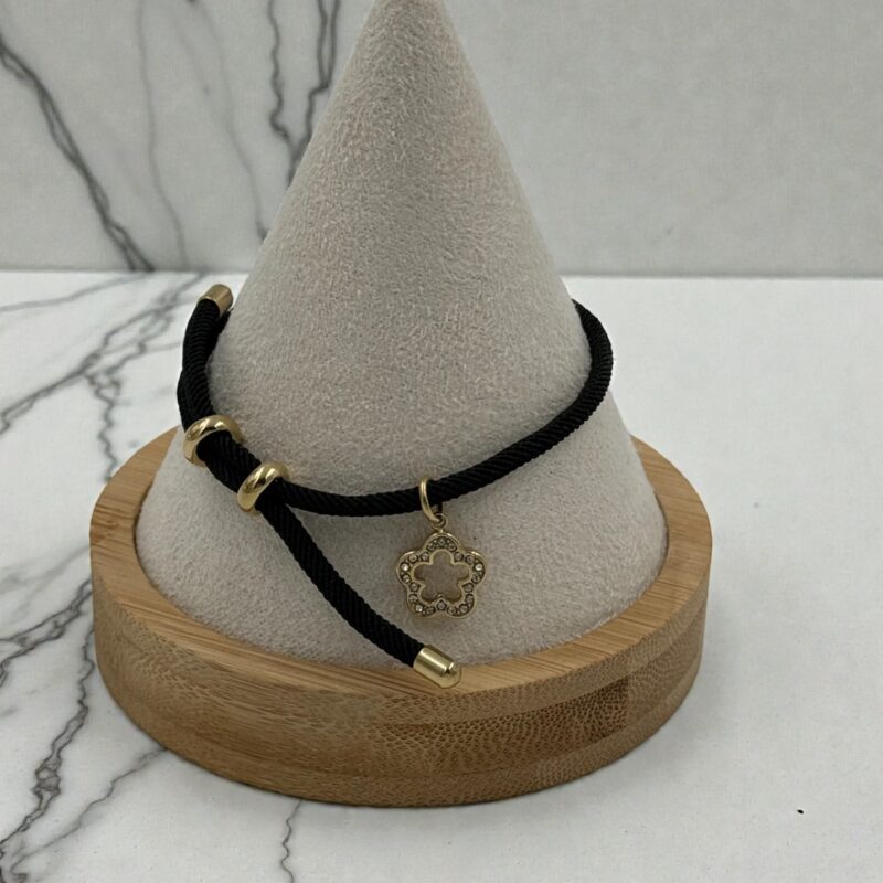 Bransoletka złoty kwiatek cyrkonie czarny sznurek stal 316L