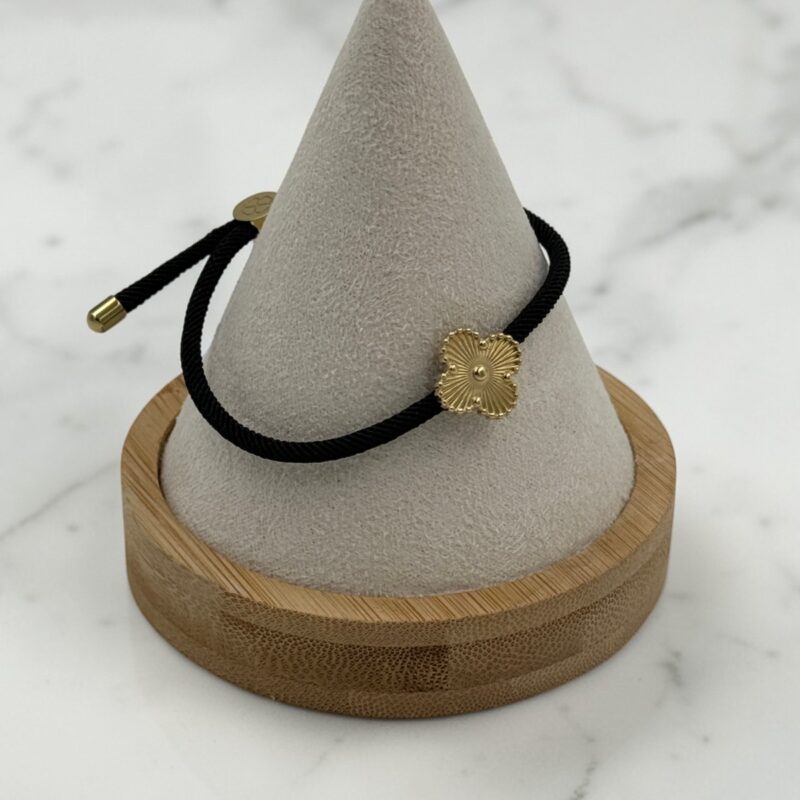 Bransoletka złoty kwiatek czarny sznurek stal 316L