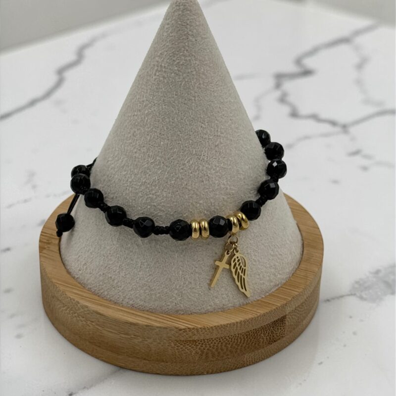 Bransoletka złote skrzydło czarny sznurek kulki stal 316L