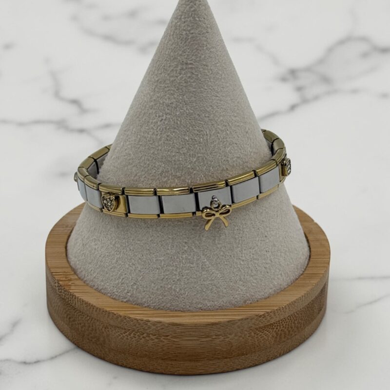 Bransoletka modułowa kokarda serce cyrkonie stal 316L złota