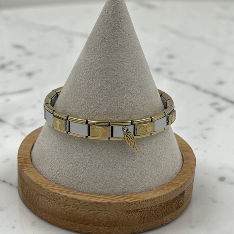 Bransoletka modułowa skrzydło serce diament krzyż stal 316L złota