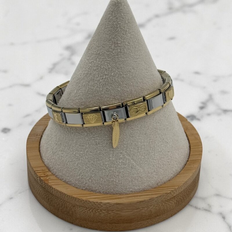 Bransoletka modułowa piórko serce diament miś stal 316L złota