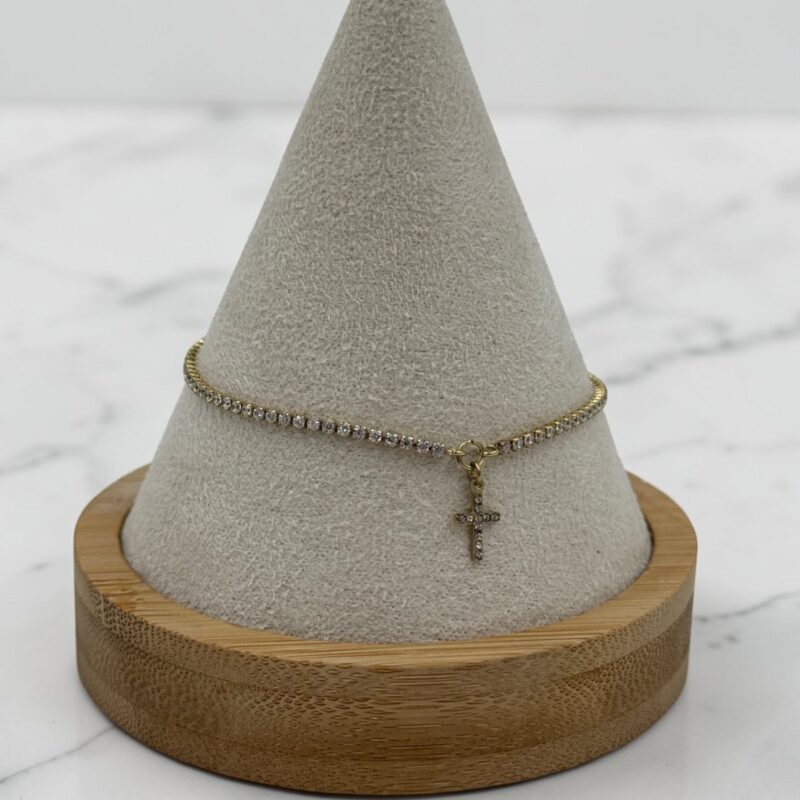 Bransoletka krzyż krzyżyk kamienie cyrkonie stal 316L złota