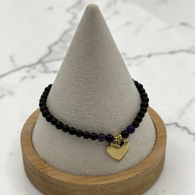 Bransoletka złote serce czarne kulki stal 316L