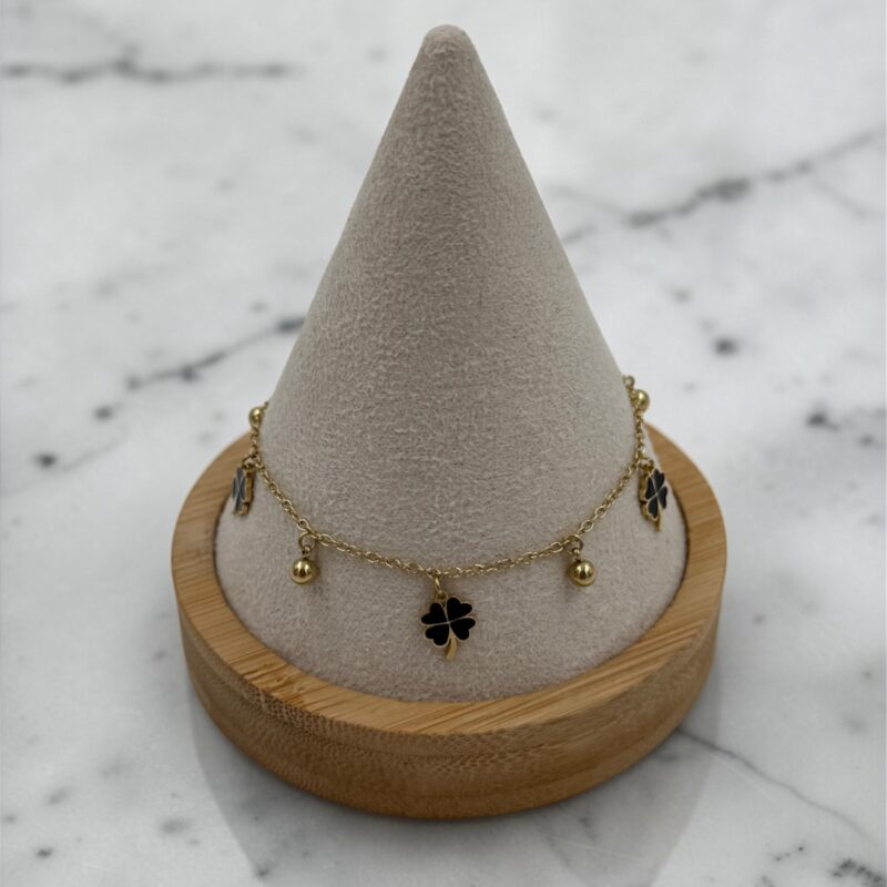 Bransoletka czarna koniczynka kulki stal 316L złota