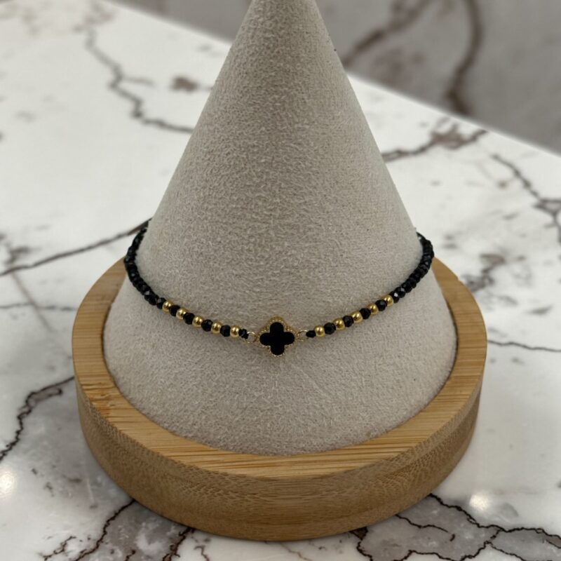 Bransoletka koniczynka kwiatek czarne koraliki stal 316L złota