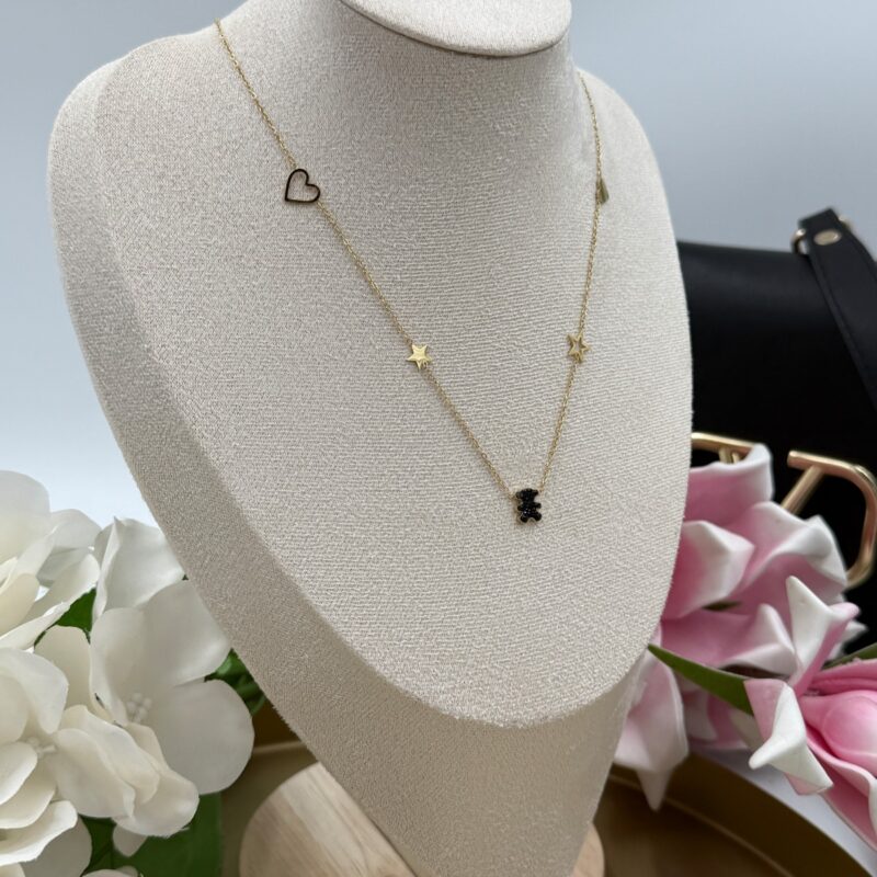 Naszyjnik celebrytka miś czarne cyrkonie serca gwiazdki stal 316L