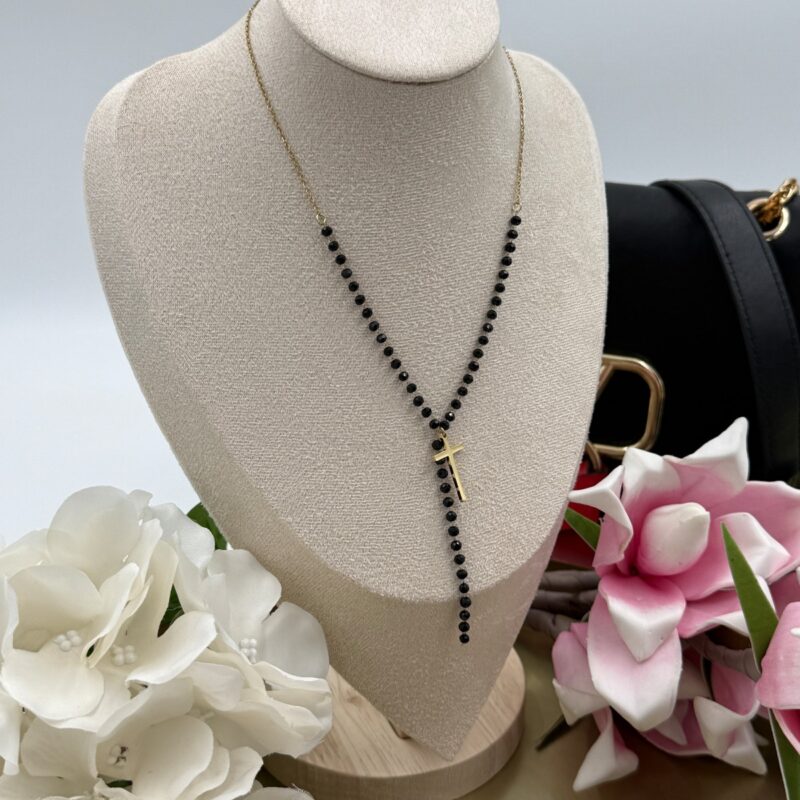 Naszyjnik celebrytka krzyżyk czarne kamienie złoty stal 316L